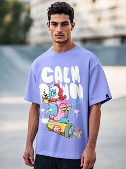 Bewakoof - Men's Baby Lavender Calm Down Graphic Printed Oversized T-shirt