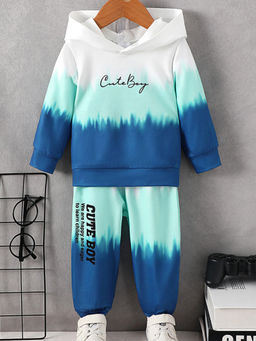 Hopscotch - Boys White & Blue Text Print Hooded Sweatshirt & Joggers Set