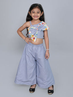 Hopscotch - Girls Blue Checkered Blouse & Palazzo with Oversized Bow