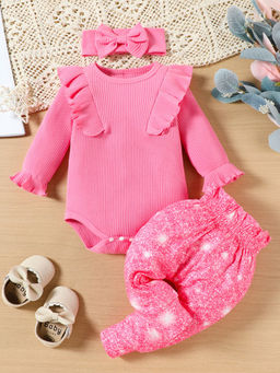 Hopscotch - Girls Pink Abstract Print Ruffed Onesie & Pant Set with Headband