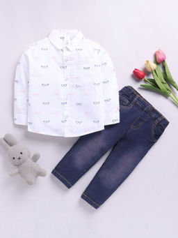Hopscotch - Boys White All-Over Print Cotton Shirt & Jeans Set