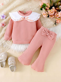 Hopscotch - Girls Pink Textured Full-Sleeve Blouse & Pant Set with Bow Applique