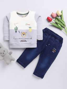 Hopscotch - Boys Grey Animal Embroidered Cotton Sweatshirt & Jeans Set