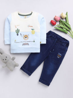 Hopscotch - Boys Aqua Animal Embroidered Cotton Sweatshirt & Jeans Set
