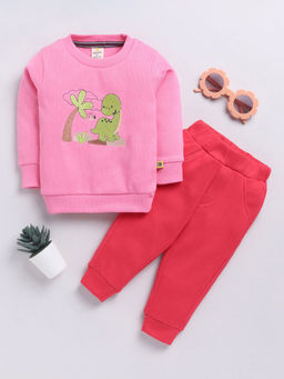 Hopscotch - Girls Pink & Red Dinosaur Embroidered Cotton Sweatshirt & Joggers Set