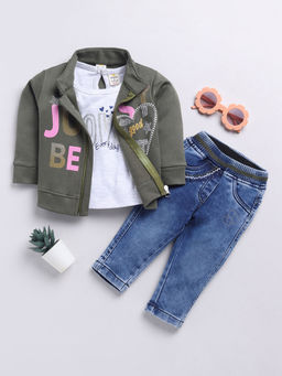 Hopscotch - Girls Olive & Blue Text Print Cotton T-Shirt Sweatshirt & Jeans Set