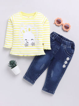 Hopscotch - Girls Yellow Stripe Print Cotton Blouse & Jeans Set