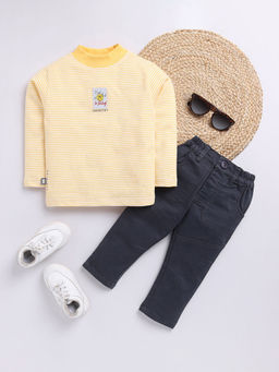 Hopscotch - Boys Yellow & Black Stripe Print T-Shirt & Pant Set