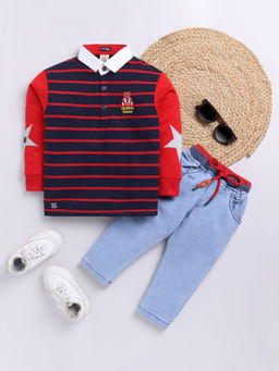 Hopscotch - Boys Red & Blue Stripe Print Polo T-Shirt & Jeans Set