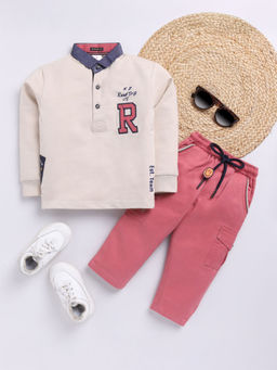 Hopscotch - Boys Beige & Pink Text Print Polo T-Shirt & Pant Set