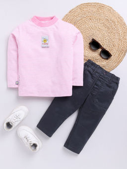 Hopscotch - Boys Pink & Grey Stripe Print T-Shirt & Pant Set