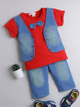 Hopscotch - Boys Red Solid T-Shirt & Pant Set with Bow