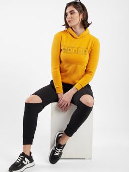 Campus Sutra - Women Mustard Printed Regular Fit Sweatshirt with Hooded Neck for Winterwear