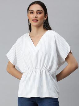 SHOWOFFFF - Women V-Neck Flare Sleeves Stripes White Top
