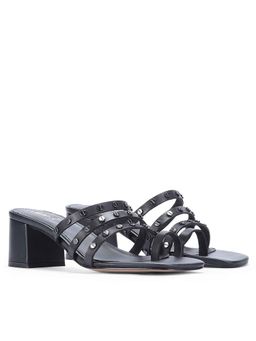Saint G - Women Metal Studded Black Leather Block Sandal Heels