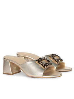 Saint G - Women Platin Gold Leather Block Sandal Heels