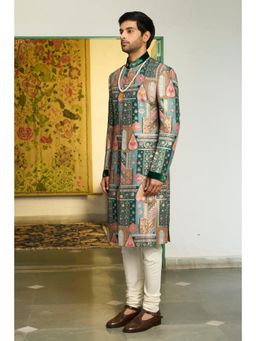 Gargee Designers - Poly Silk Hand Embroidery Multi-Color Sherwani with Kurta and Pyjama