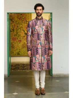 Gargee Designers - Poly Silk Hand Embroidery Multi-Color Sherwani with Kurta and Pyjama