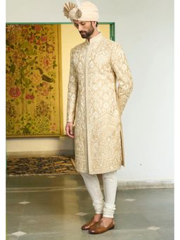Gargee Designers - Raw Silk Embroidered Beige Sherwani with Kurta and Pyjama