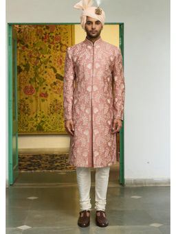 Gargee Designers - Raw Silk Hand Embroidery Pink Sherwani with Kurta and Pyjama
