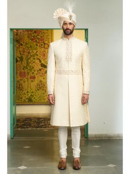 Gargee Designers - Poly Silk Embroidered Ivory Sherwani with Kamarband and Kurta and Pyjama