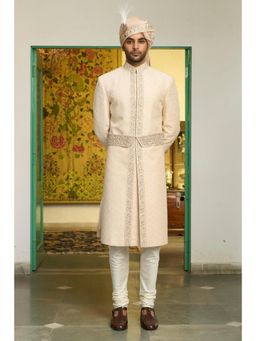 Gargee Designers - Poly Silk Embroidered Peach Sherwani with Kamarband and Kurta and Pyjama