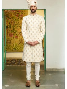 Gargee Designers - Linen Embroidered Ivory Sherwani with Kurta and Pyjama