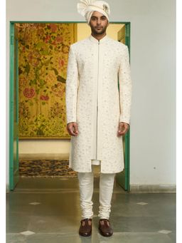 Gargee Designers - Poly Silk Embroidered White Sherwani with Kurta and Pyjama