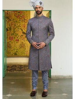Gargee Designers - Poly Wool Jacquard Hand Embroidery Blue Sherwani with Kurta and Pyjama