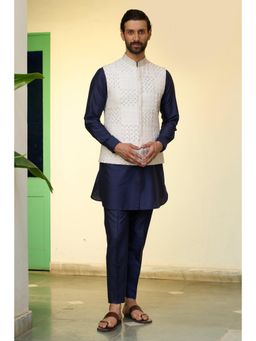 Gargee Designers - Cotton Silk Embroidered Navy Blue Bundi with Kurta and Pant