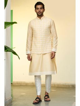 Gargee Designers - Cotton Silk Embroidered Beige Bundi with Kurta and Churidar