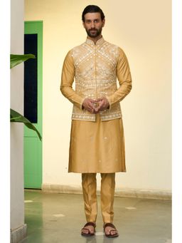 Gargee Designers - Cotton Silk Embroidered Mustard Bundi with Kurta and Churidar