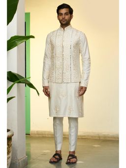 Gargee Designers - Cotton Silk Embroidered Ivory Bundi with Kurta and Pant