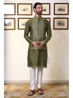 Gargee Designers - Cotton Silk Embroidered Olive Bundi with Kurta and Churidar