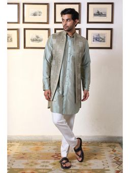 Gargee Designers - Poly Silk Embroidered Green Shrug with Kurta and Pant