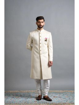 Gargee Designers - Jacquard Plain Ivory Sherwani with Kurta and Churidar