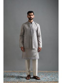 Gargee Designers - Chanderi Silk Embroidered Grey Jacket with Kurta and Pant