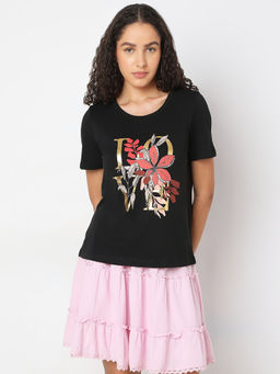 VERO MODA - Black Round Neck Printed T-Shirt
