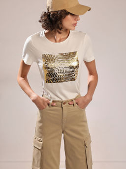 VERO MODA - White Foil Print Organic Cotton T-Shirt