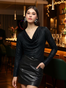 Sera - Black Foil Stylish V-Neck Party Wear Long Sleeve Top