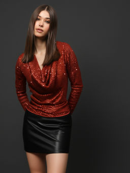 Sera - Rust Sequence Stylish V-Neck Party Wear Long Sleeve Top