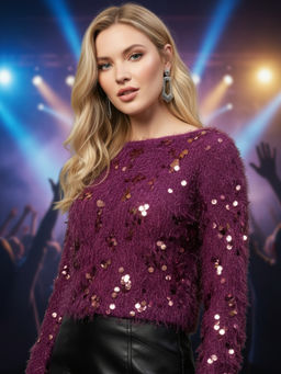 Sera - Wine Sequin Furry Top