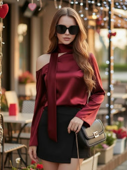 Sera - Red One-Shoulder Tie-Neck Top for Women