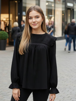 Sera - Black Pleated Yoke Ruffle Top