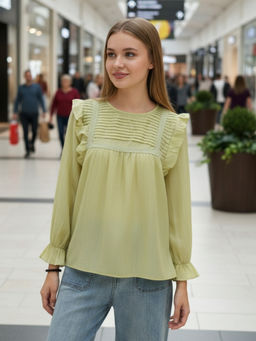 Sera - Lime Green Pleated Yoke Ruffle Top