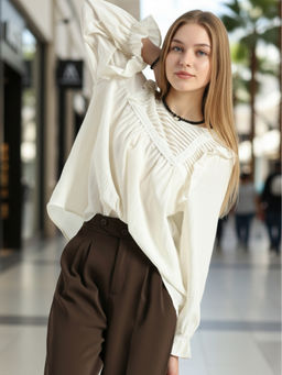 Sera - Off-White Pleated Yoke Ruffle Top