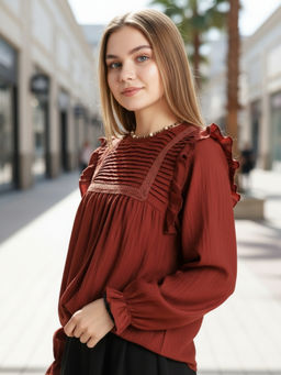 Sera - Rust Pleated Yoke Ruffle Top
