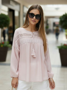 Sera - Pink Boho Chic Top with Lace and Tassel Tie up