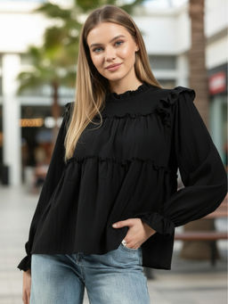 Sera - Dark Black Ruffled Tiered Long Sleeve Flowy Top