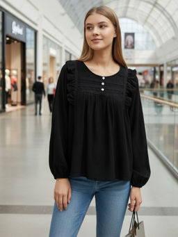 Sera - Black Cotton Nylon Ruffled Button-Front Top
